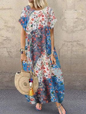 Women Retro O-neck Multicolor Floral Print Short Sleeve Loose Holiday Baggy Maxi Dress With Pocket