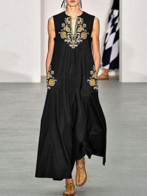 Bohemian Women Sleeveless O-neck Side Pocket Floral Print Maxi Dress