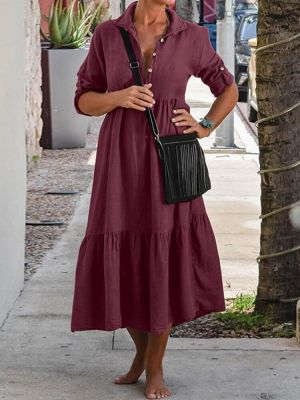 Women Long Adjustable Sleeve Button Pleated Solid Shirt Casual Maxi Dress