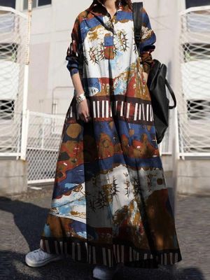 Women Retro Floral Print Cotton Turn-Down Collar Loose Shirt Dress With Pocket