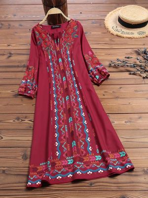 Women Vintage Floral Print V-Neck Puff Sleeve Dress