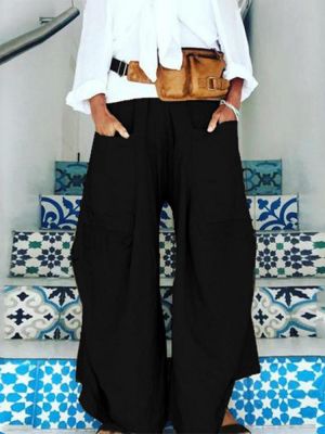 Wide Legged Women Elastic Waist Pure Color Pockets Pants