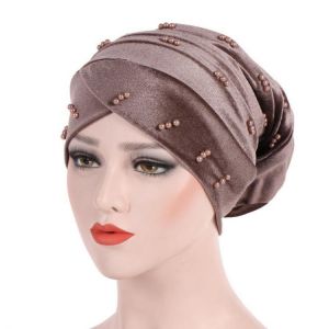 Women Fashion Muslim Pearl Velvet Crossed Chemical Turban Hat Winter Earmuffs Beanie Cap
