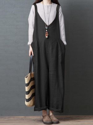 Wide Leg Women Solid Color Sleeveless V-Neck Side Pockets Jumpsuit