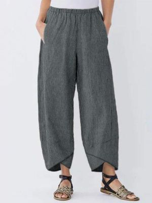 Women Elastic Waist Striped Harem Pants Irregular Hem Trousers