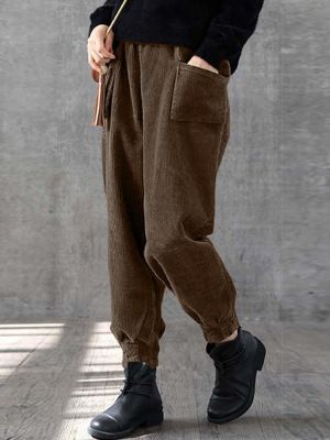 Corduroy Solid Color Elastic Waist Pocket Pants For Women