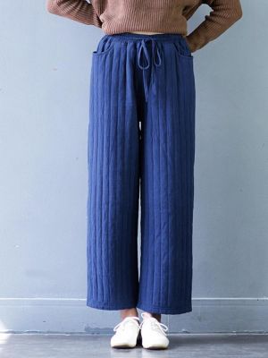 Casual Women Thicken Stripe Drawstring Waist Wide Leg Pants