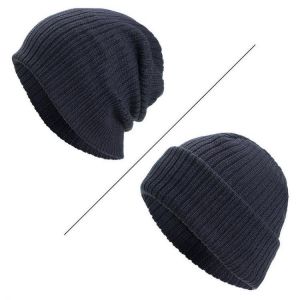 Men Winter Plain Thicken Brimless Knitted Cap Curlable Earmuffs Slouch Beanie Caps