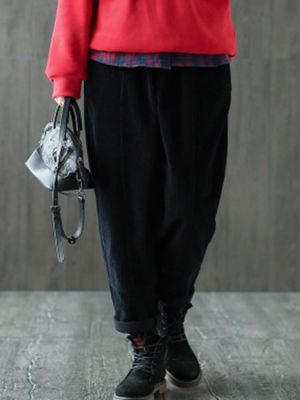 Casual Women Pure Color Pockets Drawstring Waist Retro Corduroy Pants