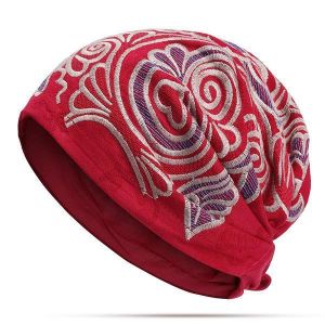 Womens Ethnic Vintage Embroidery Flowers Breathable Beanie Hat Casual Adjustable Turban Caps