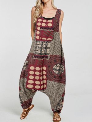 Women Ethnic Cotton Print Overall Side Pockets Harem Romper Jumpsuit