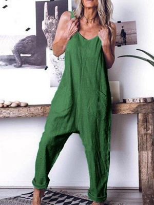 Women Cotton Pure Color Sleeveless Strap Jumpsuit with Pockets