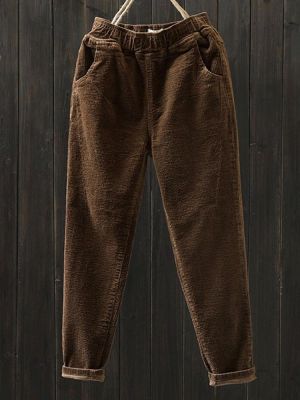 Women Casual Pure Color Elastic Waist Corduroy Pants