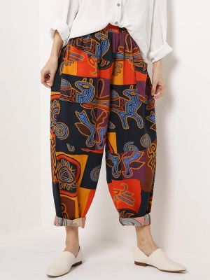 Ethnic Women Floral Print Elastic Waist Pockets Pants
