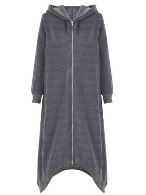 Women Causal Hoodies Hooded Long Coats Zipper Asymmetric Jackets