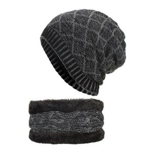 Men Women Thicken Coral Fleece Brimless Knitted Cap Scarf Set Winter Warm Beanie Hat
