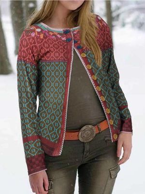 Ethnic Print Patchwork Long Sleeve Cardigans For Women