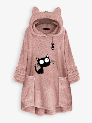 Cat Embroidery Long Sleeve Hooded Women Casual Sweatshirt