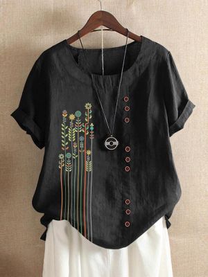 Bohemian Print Button Crew Neck Short Sleeve T-Shirts