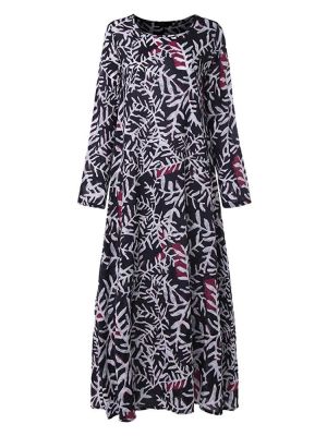 Women Vintage Long Sleeve Crew Neck Floral Print Maxi Dress