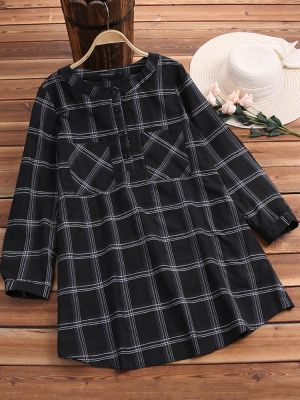Women Buttons Stand Collar Long Sleeve Plaid Shirt Dress