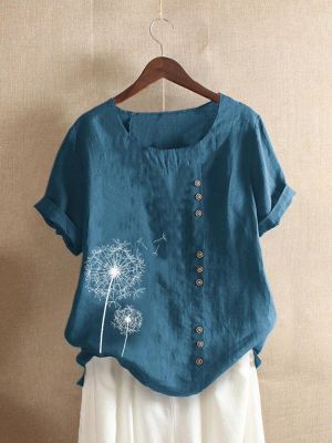 M-5XL Vintage Short Sleeve O-neck Floral Print Button T-Shirts