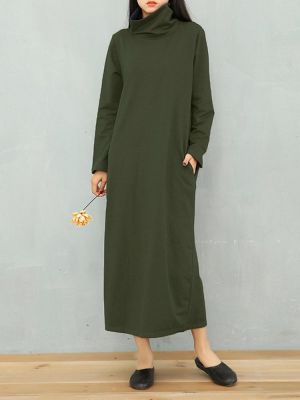 Casual Women Turtleneck Solid Color Pockets Hem Slit Dress