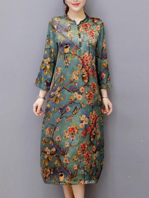 Vintage Women Floral Printed Long Sleeve Stand Collar Midi Dress