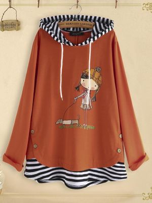 Cartoon Print Side Button Stripe Patchwork Long Sleeve Hoodie Sweatshirt