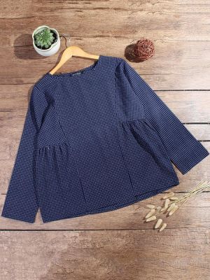 Women Vintage Long Sleeve Crewneck Plaid Loose Blouse