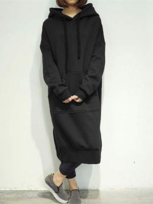 Sweatshirt Dress Casual Women Solid Color Long Sleeve Pocket Hoodie 7 Colors