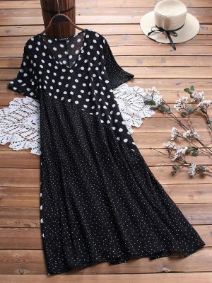 Polka Dot Print Patchwork Short Sleeve Vintage Dress