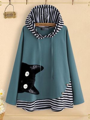 Cat Cartoon Print Stripe Patchwork Long Sleeve Hoodie Sweatshirt For Women