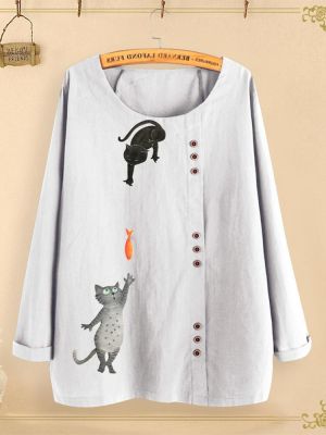 Button Cartoon Cat Print O-neck Casual Blouse Shirts