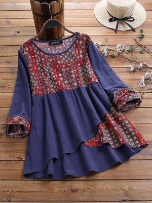 Ethnic Print Patchwork Long Sleeve High Low Vintage Blouse