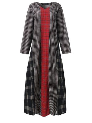 Women Long Sleeve O-neck Casual Plaid Maxi Dress