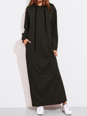 Casual Women Solid Color Full Sleeve Long Hooded Sweatshirt Dress