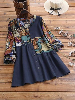 Ethnic Print Patchwork Long Sleeve Button Vintage Blouse