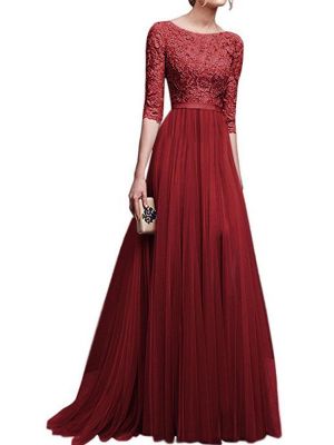 Lace Patchwork Half Sleeve Evening Maxi Dress