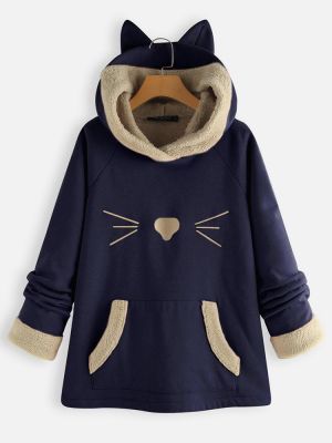 Ears Hooded Fleece Patchwork Cartoon Print Sweatshirt Hoodie For Women