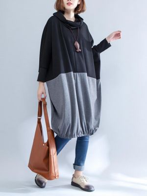 Plus Size Women Black Gray Splicing Sweatshirt Dress