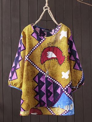 Women Casual Print O-neck 3/4 Sleeve T-Shirts