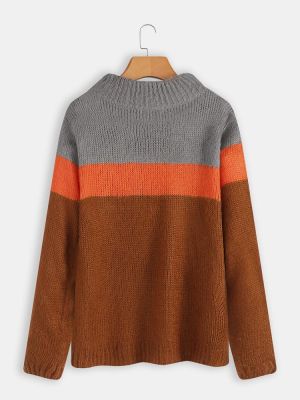 Long Sleeve High Collar Color Block Casual Sweaters