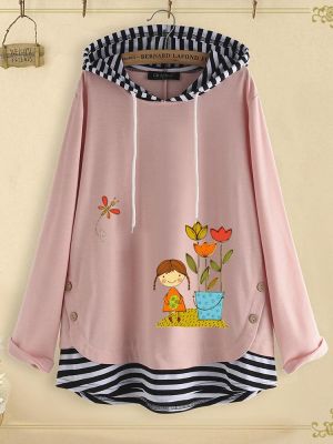 Stripe Patchwork Cartoon Print Side Button Hoodie Sweatshirt For Women