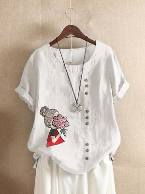 Cartoon Embroidery Short Sleeve O-neck Casual T-shirts