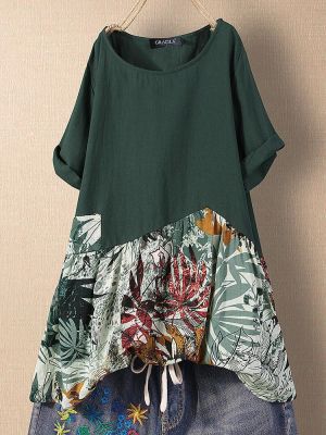 Leaves Print Patchwork Short Sleeve Summer T-shirts For Women