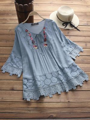 Casual Women Hollow Lace Patchwork 3/4 Sleeve Blouse