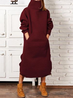 Women High Neck Casual Solid Long Sweatshirt Midi Dress