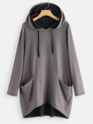 Pockets Stripe Irregular Long Sleeve Hoodie Sweatshirt For Women