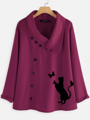 Women Causal Button Cartoon Cat Print Long Sleeve Blouse